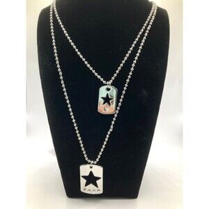 LANE BRYANT Silver Tone Star Cutout Dog Tag Necklaces w/ Rhinestone 28" & 34"